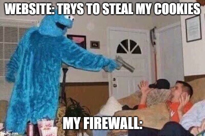 MY COOKIES | WEBSITE: TRYS TO STEAL MY COOKIES; MY FIREWALL: | image tagged in cursed cookie monster,website,cookies | made w/ Imgflip meme maker