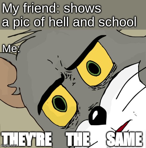 What's the difference??? | My friend: shows a pic of hell and school; Me:; THEY'RE     THE      SAME | image tagged in memes,unsettled tom | made w/ Imgflip meme maker