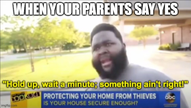 Hold up wait a minute something aint right | WHEN YOUR PARENTS SAY YES | image tagged in hold up wait a minute something aint right | made w/ Imgflip meme maker