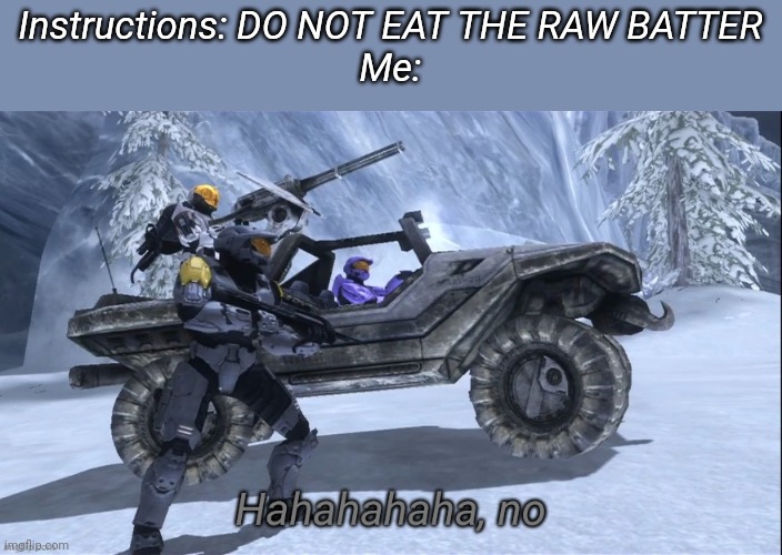 Haha no | Instructions: DO NOT EAT THE RAW BATTER
Me: | image tagged in haha no | made w/ Imgflip meme maker