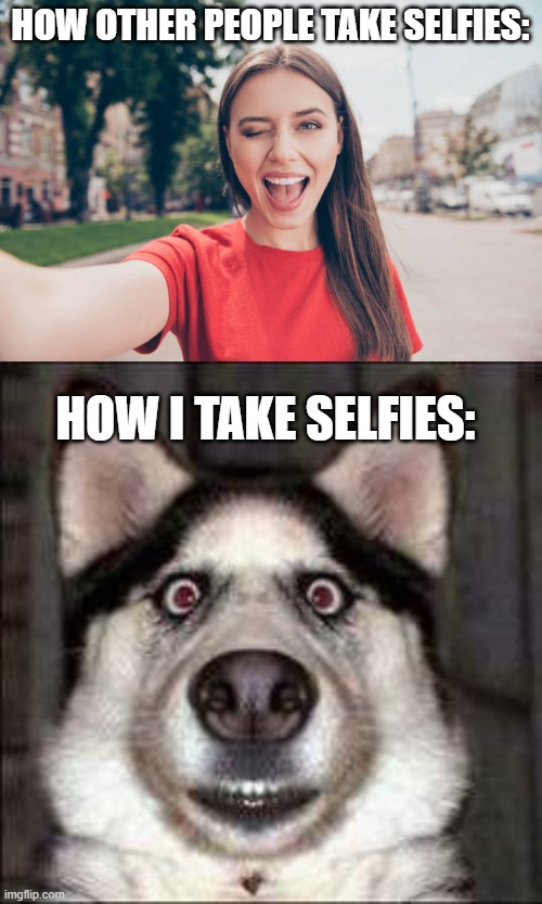 Me And My Awkwardness | HOW OTHER PEOPLE TAKE SELFIES:; HOW I TAKE SELFIES: | image tagged in memes | made w/ Imgflip meme maker
