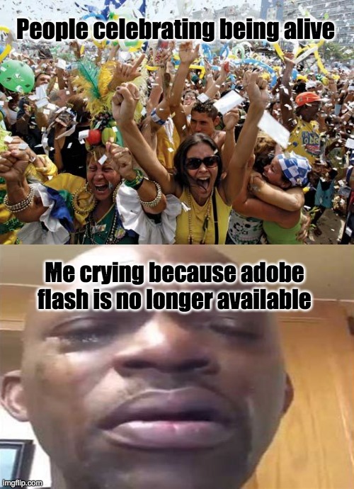 NOOOOOOOO... just found out yesterday | People celebrating being alive; Me crying because adobe flash is no longer available | image tagged in celebrate,nooooooooo,sadness,crying,adobe flash,memes | made w/ Imgflip meme maker