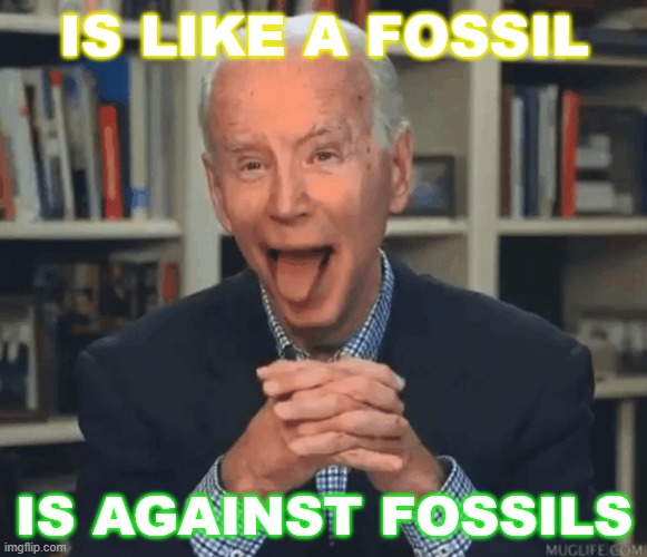 Is like a fossil but against fossils | IS LIKE A FOSSIL; IS AGAINST FOSSILS | image tagged in jo biden licking lips | made w/ Imgflip meme maker