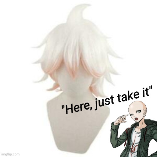 Where all those wigs come from | "Here, just take it" | image tagged in danganronpa,bald | made w/ Imgflip meme maker