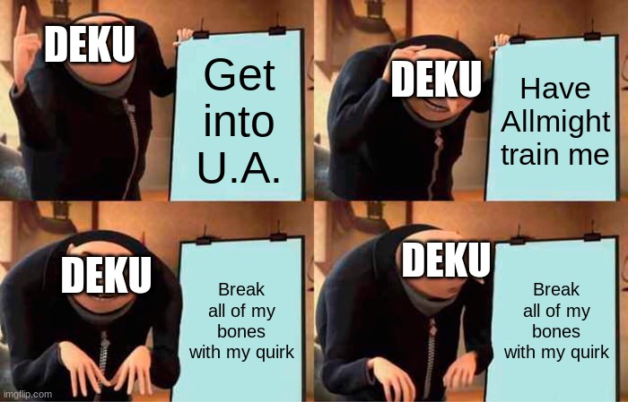 Deku's plan | DEKU; DEKU; Get into U.A. Have Allmight train me; DEKU; DEKU; Break all of my bones with my quirk; Break all of my bones with my quirk | image tagged in memes,gru's plan | made w/ Imgflip meme maker