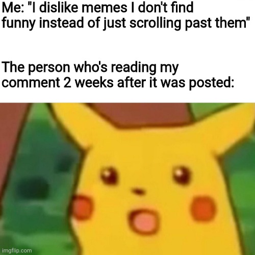 Controversial | Me: "I dislike memes I don't find funny instead of just scrolling past them"; The person who's reading my comment 2 weeks after it was posted: | image tagged in memes,surprised pikachu | made w/ Imgflip meme maker