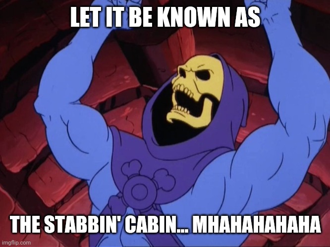 Skeletor | LET IT BE KNOWN AS; THE STABBIN' CABIN... MHAHAHAHAHA | image tagged in skeletor | made w/ Imgflip meme maker