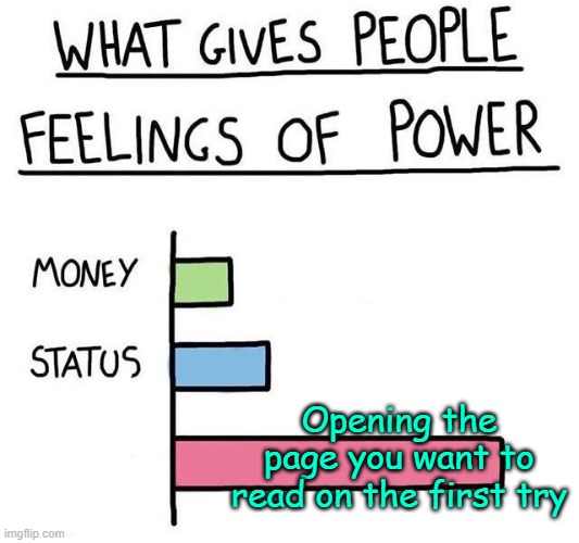 . | Opening the page you want to read on the first try | image tagged in what gives people feelings of power | made w/ Imgflip meme maker