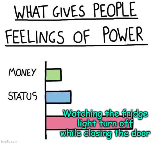 . | Watching the fridge light turn off while closing the door | image tagged in what gives people feelings of power | made w/ Imgflip meme maker