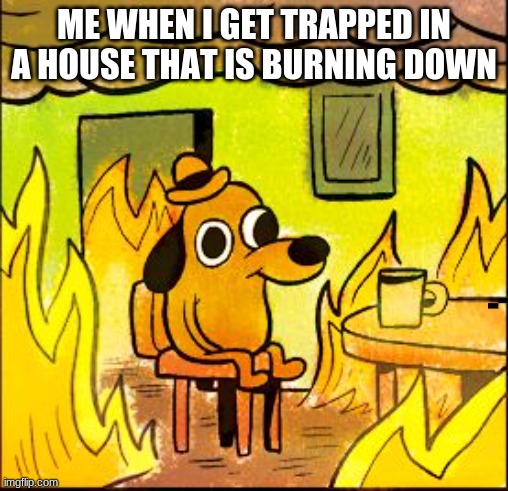 This is fine | ME WHEN I GET TRAPPED IN A HOUSE THAT IS BURNING DOWN | image tagged in this is fine | made w/ Imgflip meme maker