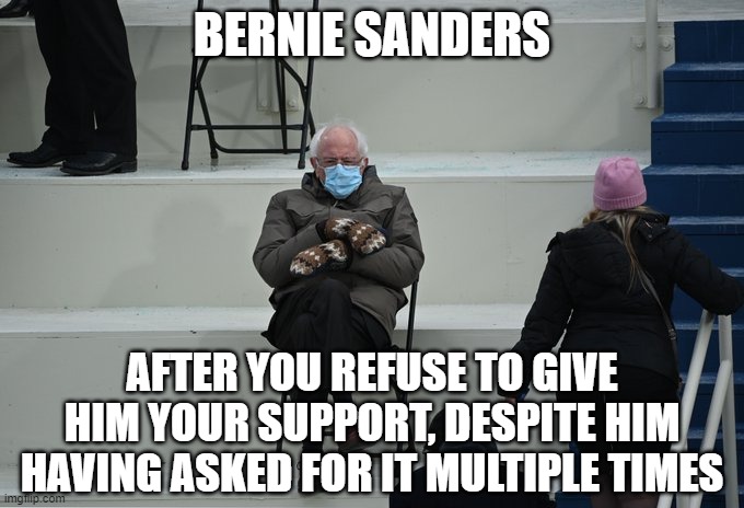I am once again asking you to look at this meme | BERNIE SANDERS; AFTER YOU REFUSE TO GIVE HIM YOUR SUPPORT, DESPITE HIM HAVING ASKED FOR IT MULTIPLE TIMES | image tagged in bernie sitting | made w/ Imgflip meme maker