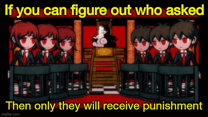 C'mon guys, time to figure out who asked | If you can figure out who asked; Then only they will receive punishment | image tagged in class trial time,danganronpa,who asked | made w/ Imgflip meme maker