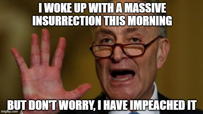 Chuck Schumer | I WOKE UP WITH A MASSIVE INSURRECTION THIS MORNING; BUT DON'T WORRY, I HAVE IMPEACHED IT | image tagged in chuck schumer | made w/ Imgflip meme maker