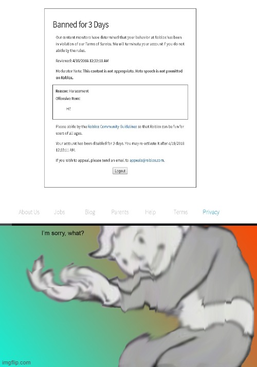 Please don't say the word "Hi!" kids. | image tagged in i'm sorry what,banned from roblox,roblox,oh wow are you actually reading these tags | made w/ Imgflip meme maker