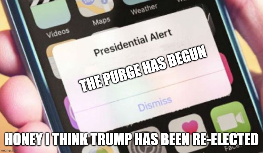 comedic purposes only | THE PURGE HAS BEGUN; HONEY I THINK TRUMP HAS BEEN RE-ELECTED | image tagged in memes,presidential alert,donald trump,the purge | made w/ Imgflip meme maker