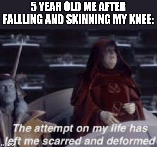 The attempt on my life has left me scarred and deformed | 5 YEAR OLD ME AFTER FALLLING AND SKINNING MY KNEE: | image tagged in the attempt on my life has left me scarred and deformed | made w/ Imgflip meme maker