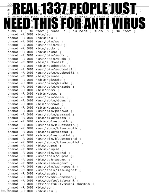 Real 1337 People Only Need This For Anti Virus | REAL 1337 PEOPLE JUST NEED THIS FOR ANTI VIRUS | image tagged in 1337,hacker,n00b,computer | made w/ Imgflip meme maker
