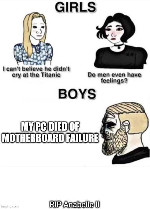 yes i did name my PC, there were many before her that died the same way | MY PC DIED OF MOTHERBOARD FAILURE; RIP Anabelle II | image tagged in do men even have feelings | made w/ Imgflip meme maker