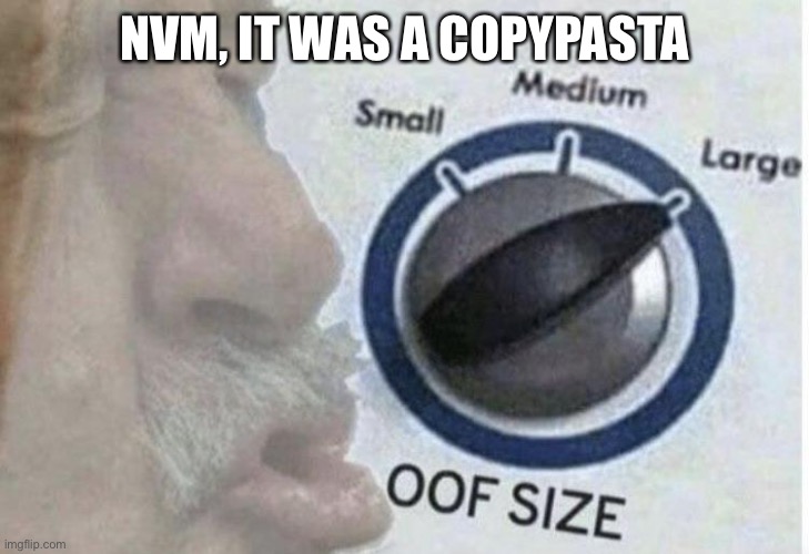 Oof size large | NVM, IT WAS A COPYPASTA | image tagged in oof size large | made w/ Imgflip meme maker