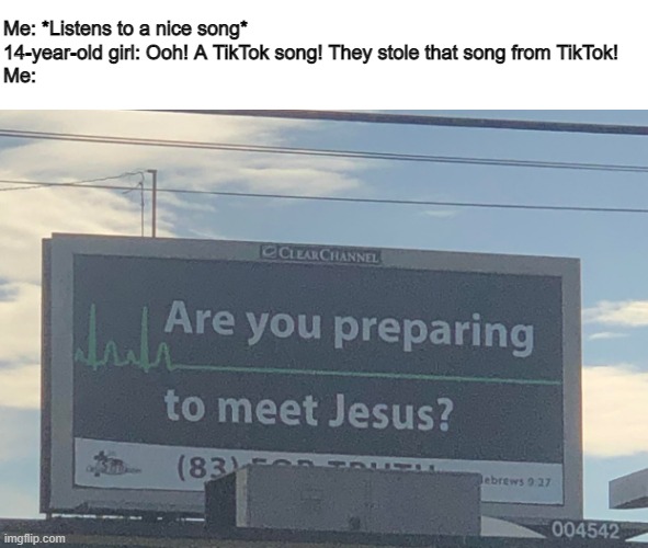 OOH! A TIKTOK SONG! THEY STOLE IT FROM TIKTOK! | Me: *Listens to a nice song*
14-year-old girl: Ooh! A TikTok song! They stole that song from TikTok!
Me: | image tagged in are you preparing to meet jesus,tiktok | made w/ Imgflip meme maker