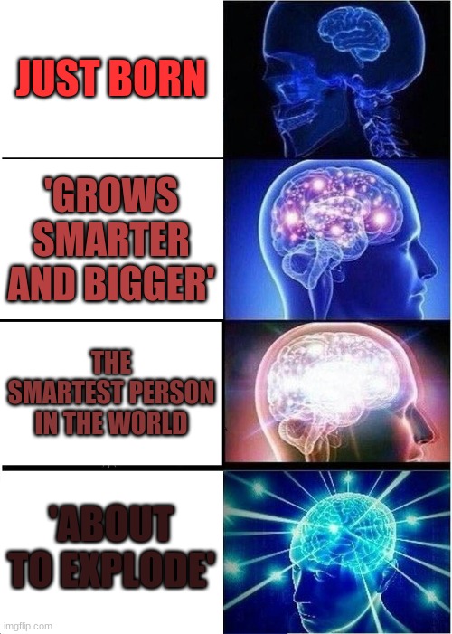 Expanding Brain | JUST BORN; 'GROWS SMARTER AND BIGGER'; THE SMARTEST PERSON IN THE WORLD; 'ABOUT TO EXPLODE' | image tagged in memes,expanding brain | made w/ Imgflip meme maker