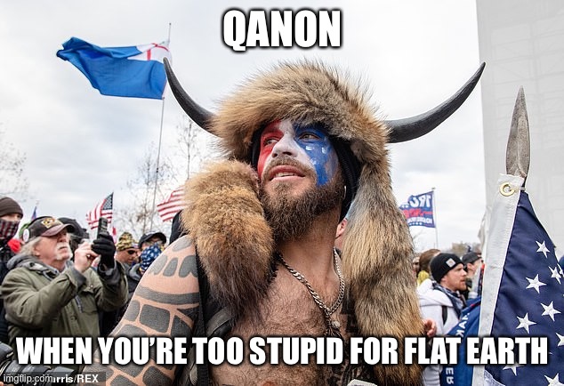 When you’re too stupid for flat earth | QANON; WHEN YOU’RE TOO STUPID FOR FLAT EARTH | image tagged in qanon shaman | made w/ Imgflip meme maker