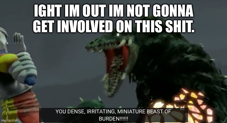You dense, irritating, miniature beast of burden! | IGHT IM OUT IM NOT GONNA GET INVOLVED ON THIS SHIT. | image tagged in you dense irritating miniature beast of burden | made w/ Imgflip meme maker