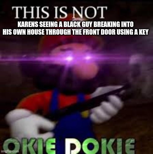 This is not okie dokie | KARENS SEEING A BLACK GUY BREAKING INTO HIS OWN HOUSE THROUGH THE FRONT DOOR USING A KEY | image tagged in this is not okie dokie | made w/ Imgflip meme maker