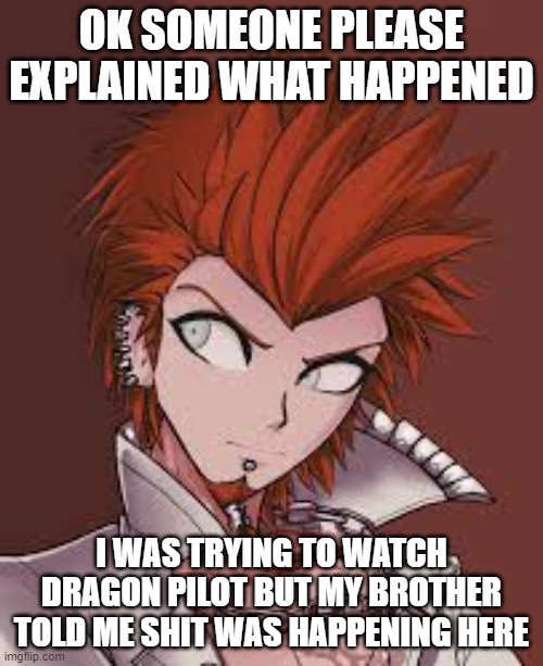 OK SOMEONE PLEASE EXPLAINED WHAT HAPPENED; I WAS TRYING TO WATCH DRAGON PILOT BUT MY BROTHER TOLD ME SHIT WAS HAPPENING HERE | made w/ Imgflip meme maker