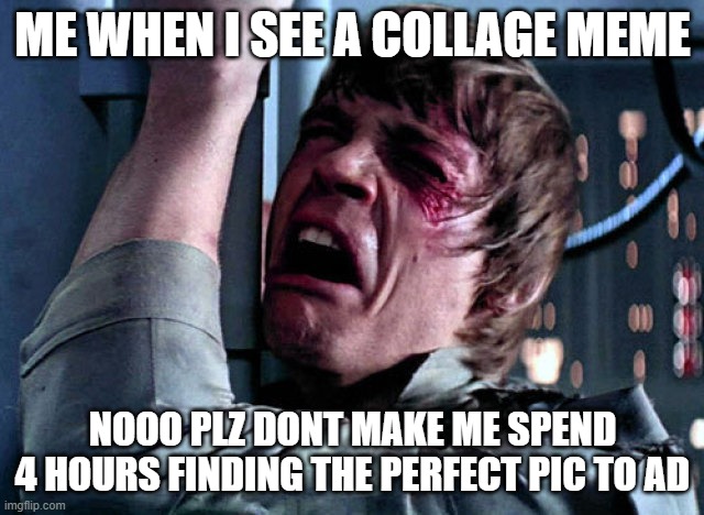Nooo | ME WHEN I SEE A COLLAGE MEME; NOOO PLZ DONT MAKE ME SPEND 4 HOURS FINDING THE PERFECT PIC TO AD | image tagged in nooo | made w/ Imgflip meme maker