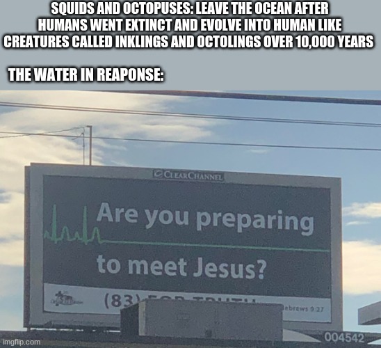 nah, they always respawn | SQUIDS AND OCTOPUSES: LEAVE THE OCEAN AFTER HUMANS WENT EXTINCT AND EVOLVE INTO HUMAN LIKE CREATURES CALLED INKLINGS AND OCTOLINGS OVER 10,000 YEARS; THE WATER IN REAPONSE: | image tagged in are you preparing to meet jesus,splatoon,splatoon 2,nintendo | made w/ Imgflip meme maker