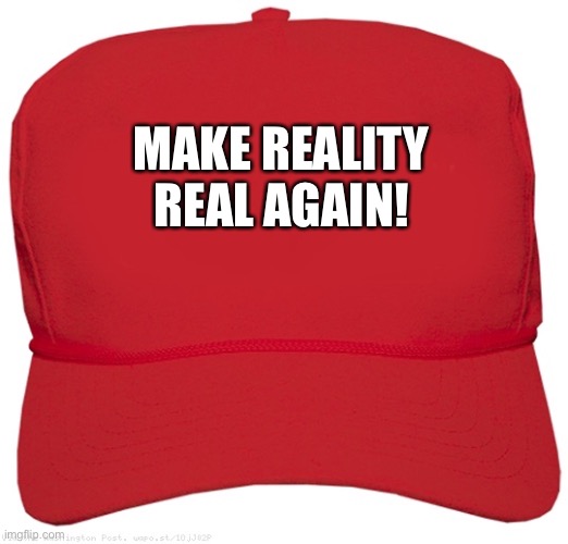 blank red MAGA hat | MAKE REALITY REAL AGAIN! | image tagged in blank red maga hat | made w/ Imgflip meme maker