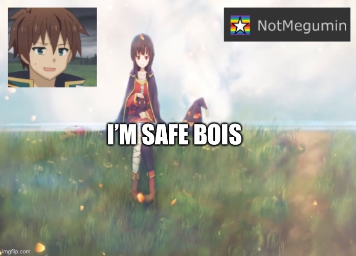 I’m safe |  I’M SAFE BOIS | image tagged in notmegumin announcement | made w/ Imgflip meme maker