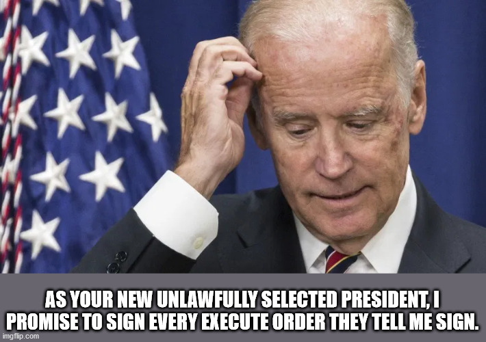 A puppet was installed by fraud. | AS YOUR NEW UNLAWFULLY SELECTED PRESIDENT, I PROMISE TO SIGN EVERY EXECUTE ORDER THEY TELL ME SIGN. | image tagged in puppet president,false president,sleepy joe biden | made w/ Imgflip meme maker