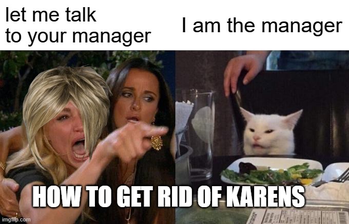 Woman Yelling At Cat Meme | let me talk to your manager; I am the manager; HOW TO GET RID OF KARENS | image tagged in memes,woman yelling at cat | made w/ Imgflip meme maker