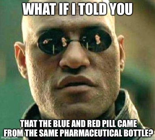 What if i told you | WHAT IF I TOLD YOU; THAT THE BLUE AND RED PILL CAME FROM THE SAME PHARMACEUTICAL BOTTLE? | image tagged in what if i told you | made w/ Imgflip meme maker