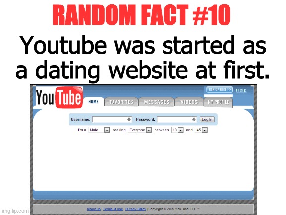 Random Fact #10 | RANDOM FACT #10; Youtube was started as a dating website at first. | image tagged in random fact,memes,fun | made w/ Imgflip meme maker