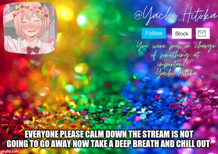 EVERYONE PLEASE CALM DOWN THE STREAM IS NOT GOING TO GO AWAY NOW TAKE A DEEP BREATH AND CHILL OUT | image tagged in yachi's announcement temp | made w/ Imgflip meme maker
