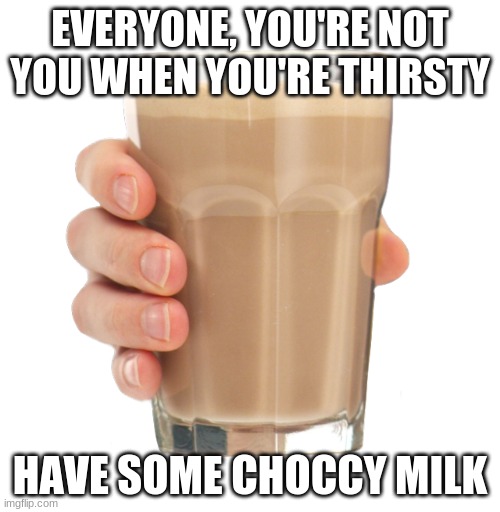 My attempt to make this stream chill | EVERYONE, YOU'RE NOT YOU WHEN YOU'RE THIRSTY; HAVE SOME CHOCCY MILK | image tagged in choccy milk | made w/ Imgflip meme maker