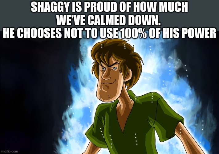 chill | SHAGGY IS PROUD OF HOW MUCH WE'VE CALMED DOWN. 
HE CHOOSES NOT TO USE 100% OF HIS POWER | image tagged in ultra instinct shaggy | made w/ Imgflip meme maker