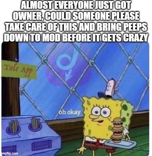 oh okay spongebob | ALMOST EVERYONE JUST GOT OWNER, COULD SOMEONE PLEASE TAKE CARE OF THIS AND BRING PEEPS DOWN TO MOD BEFORE IT GETS CRAZY | image tagged in oh okay spongebob | made w/ Imgflip meme maker