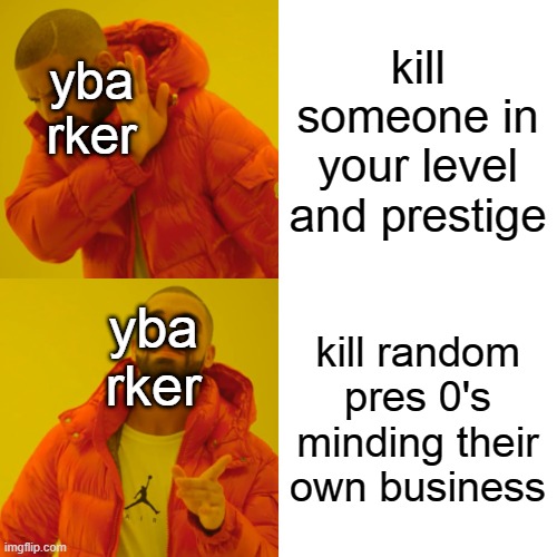 Drake Hotline Bling | kill someone in your level and prestige; yba rker; kill random pres 0's minding their own business; yba rker | image tagged in memes,drake hotline bling | made w/ Imgflip meme maker