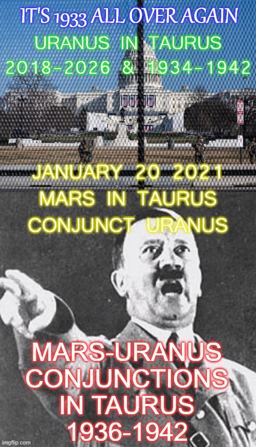 It's 1933 all over again... Uranus in Taurus 2018-2026 & 1934-1942. Mars-Uranus Conjunctions in Taurus 1936-1942. | IT'S 1933 ALL OVER AGAIN; URANUS IN TAURUS 2018-2026 & 1934-1942; JANUARY 20 2021
MARS IN TAURUS CONJUNCT URANUS; MARS-URANUS
CONJUNCTIONS
IN TAURUS
1936-1942 | image tagged in it's 1933 all over again | made w/ Imgflip meme maker