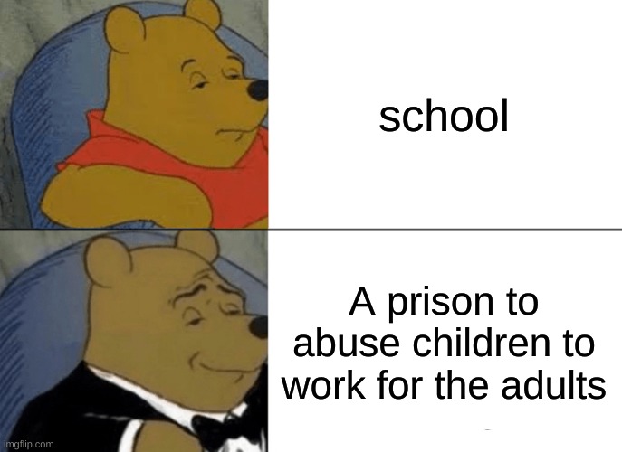 This is a meme for kids (i think) | school; A prison to abuse children to work for the adults | image tagged in memes,tuxedo winnie the pooh | made w/ Imgflip meme maker