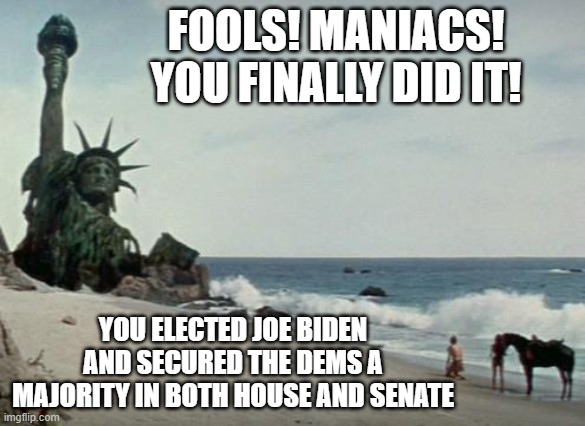 They should dump "Sapiens" from "Homo Sapiens", because we ain't! | FOOLS! MANIACS! YOU FINALLY DID IT! YOU ELECTED JOE BIDEN AND SECURED THE DEMS A MAJORITY IN BOTH HOUSE AND SENATE | image tagged in charlton heston planet of the apes,joe biden,election 2020 | made w/ Imgflip meme maker