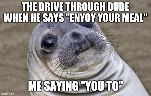Awkward Moment Sealion | THE DRIVE THROUGH DUDE WHEN HE SAYS "ENYOY YOUR MEAL"; ME SAYING "YOU TO" | image tagged in memes,awkward moment sealion | made w/ Imgflip meme maker