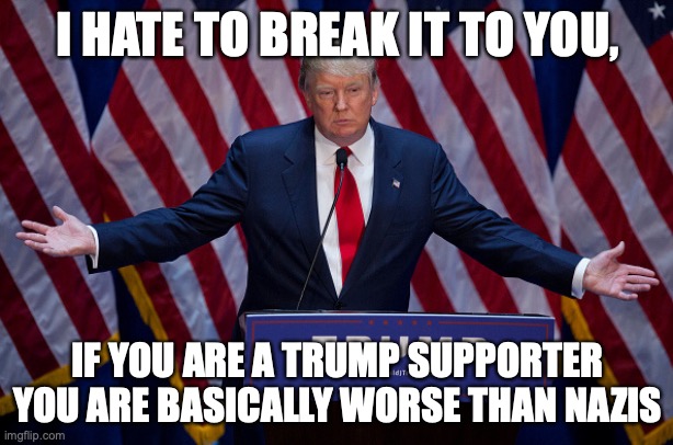 Donald Trump | I HATE TO BREAK IT TO YOU, IF YOU ARE A TRUMP SUPPORTER YOU ARE BASICALLY WORSE THAN NAZIS | image tagged in donald trump | made w/ Imgflip meme maker