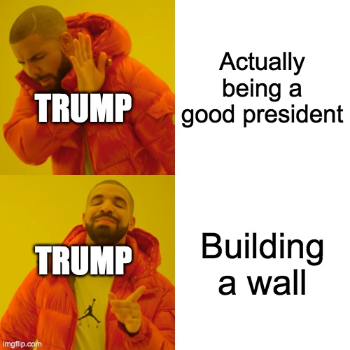 political meme | Actually being a good president; TRUMP; Building a wall; TRUMP | image tagged in memes,drake hotline bling | made w/ Imgflip meme maker