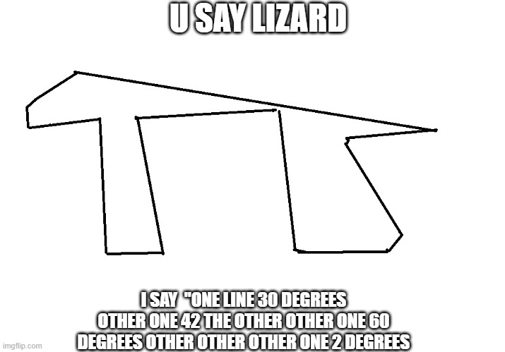 :) | U SAY LIZARD; I SAY  "ONE LINE 30 DEGREES OTHER ONE 42 THE OTHER OTHER ONE 60 DEGREES OTHER OTHER OTHER ONE 2 DEGREES | image tagged in memes | made w/ Imgflip meme maker