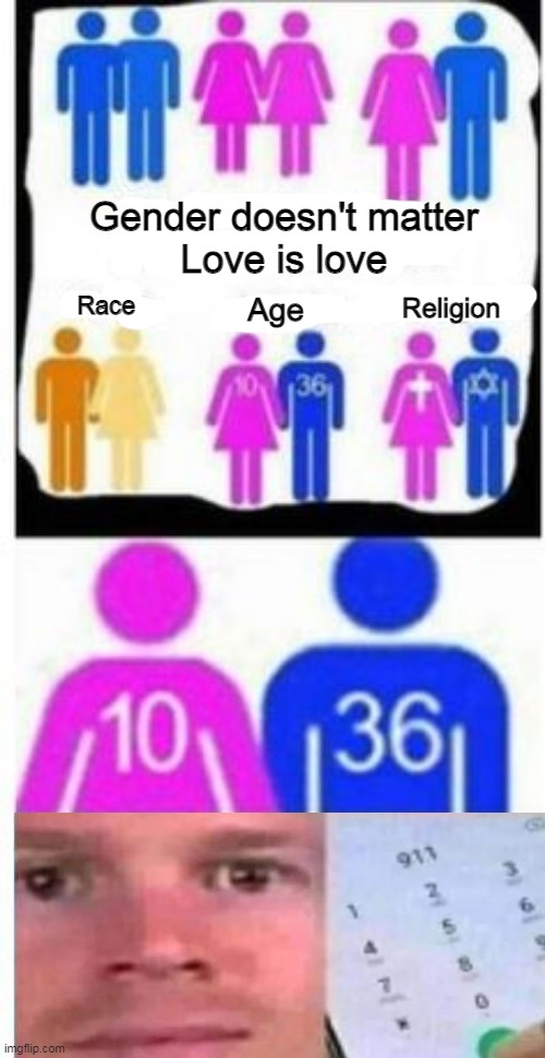 That's wrong in so many ways |  Gender doesn't matter
Love is love; Race; Age; Religion | image tagged in memes,blinking white man calling 911 | made w/ Imgflip meme maker